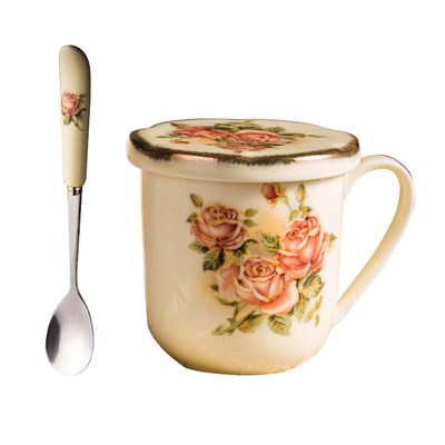 女皇金玫瑰陶瓷杯子带盖精致水杯高档马克杯女生奢华咖啡杯配勺子