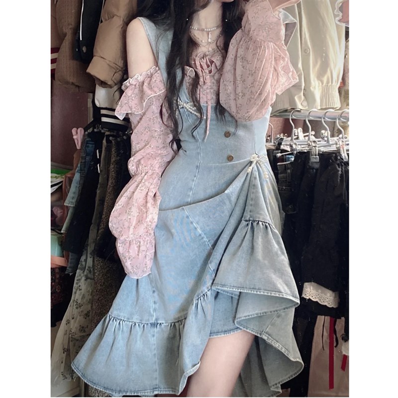 夏季甜美荷叶边牛仔背带裙设计感小个子收腰显瘦中长款鱼尾连衣裙