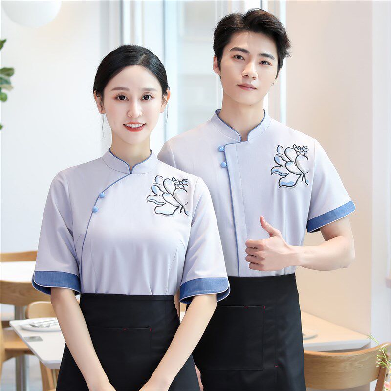 复古中式酒店工作服夏装餐厅茶楼饭店前厅服务员五分袖传菜生短袖