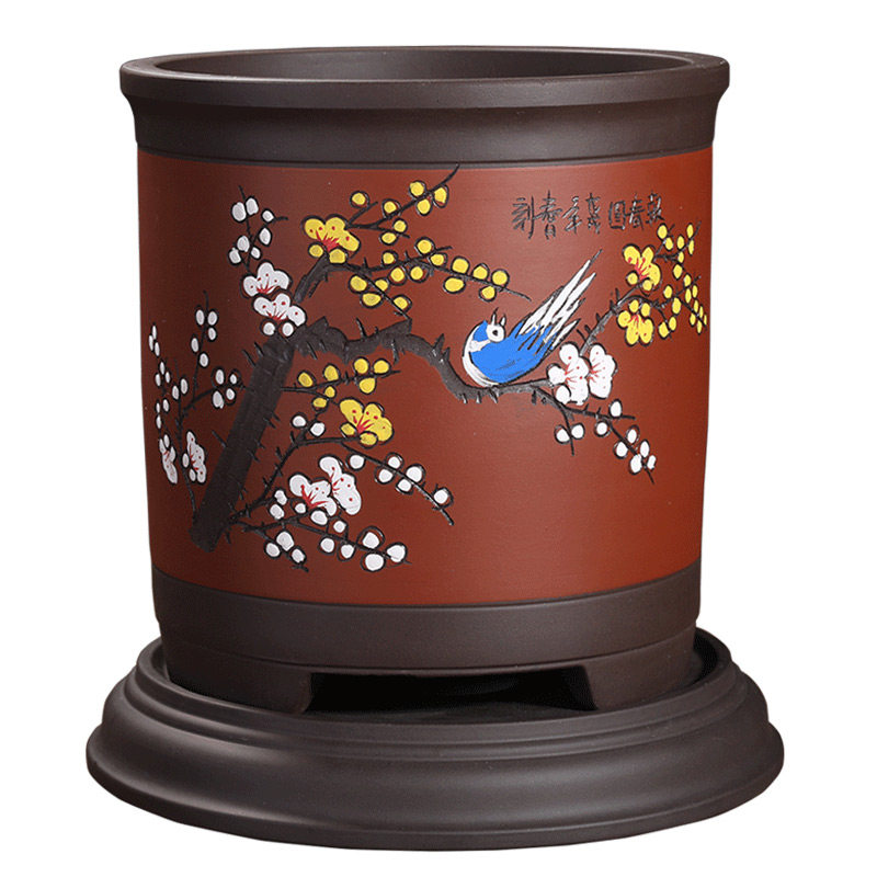 精品紫砂花盆大号圆形彩绘兰花盆君子兰花盆古典中国风高档花盆