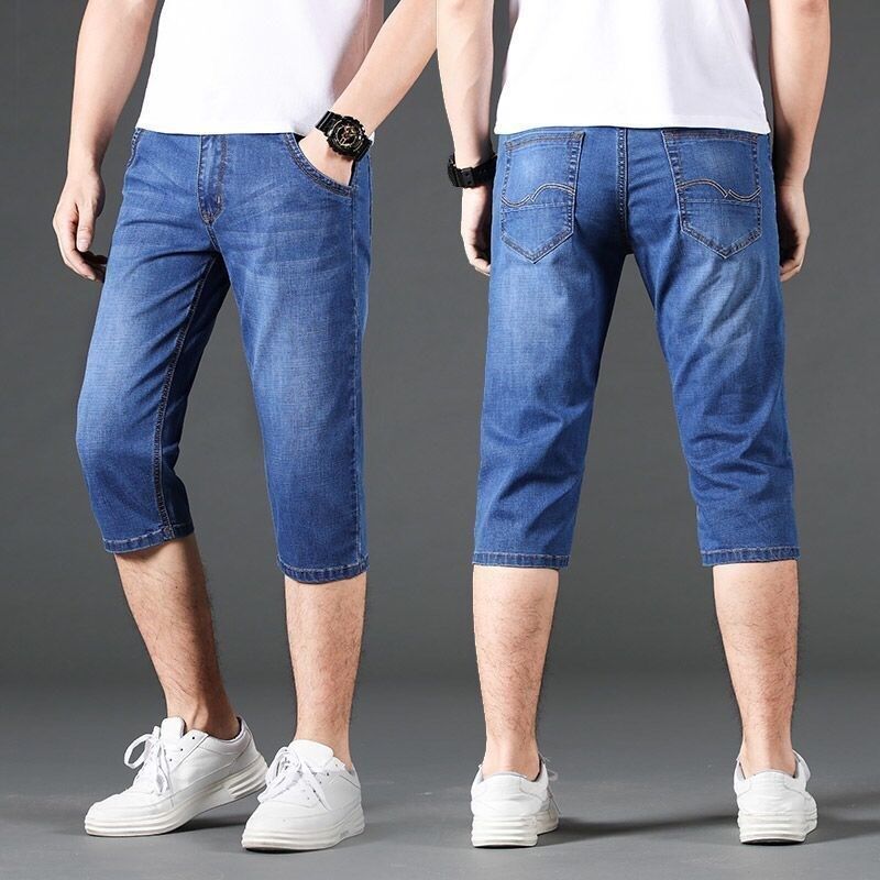 夏季薄款男士牛仔短裤弹力宽松直筒夏天青年七分马裤五分中裤工装