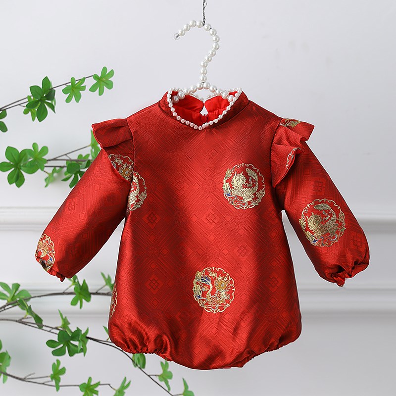 一周岁女宝宝礼服旗袍长袖百日宴中式婴儿满月抓周衣服国风秋冬季