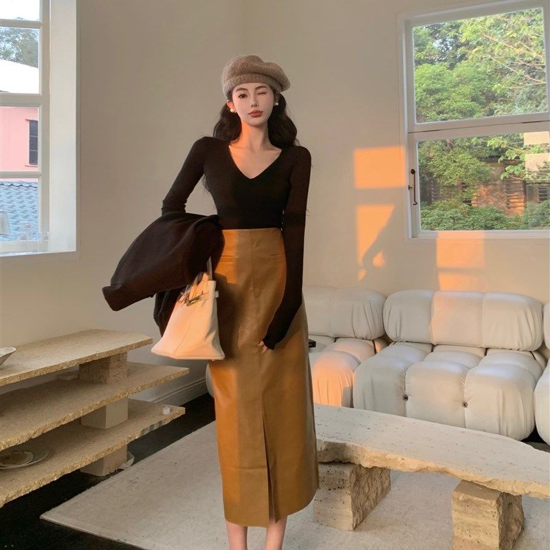 2022秋冬开叉a字半身裙高腰修身显瘦大码中长款pu包臀皮裙一步裙