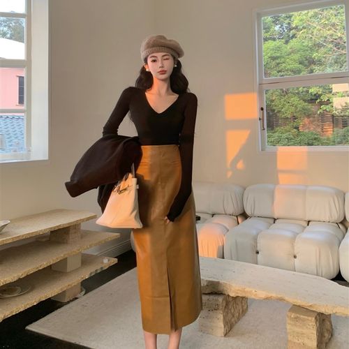 2022秋冬开叉a字半身裙高腰修身显瘦大码中长款pu包臀皮裙一步裙