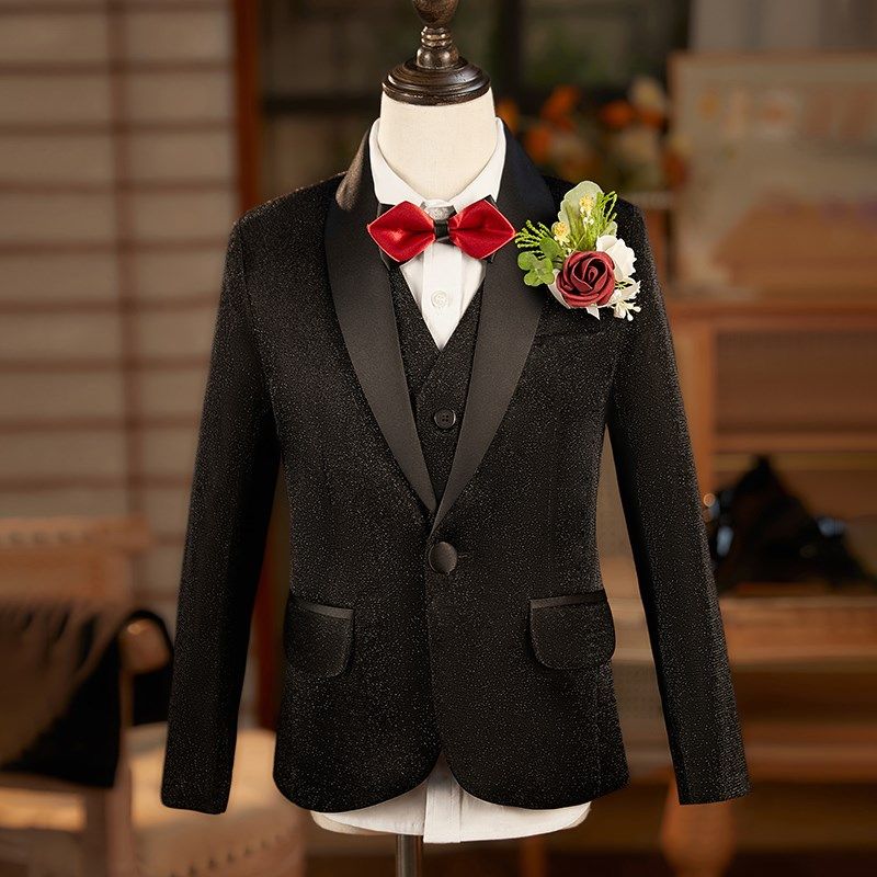 黑色男童西装套装亮片西服儿童主持人礼服走秀晚会钢琴演出服高端
