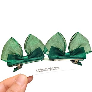 儿童丝绸头花发夹蝴蝶结墨绿色宝宝兔耳朵纱发饰可爱公主顶夹对夹