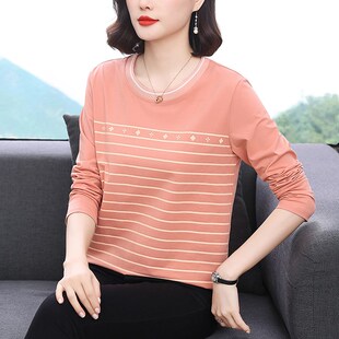 妈妈纯棉条纹长袖T恤女秋装上衣圆领新款中年宽松洋气显瘦打底衫