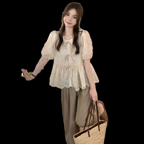 大码女装2024夏季胖mm甜美圆领蕾丝勾花衬衫+高腰阔腿裤显瘦套装