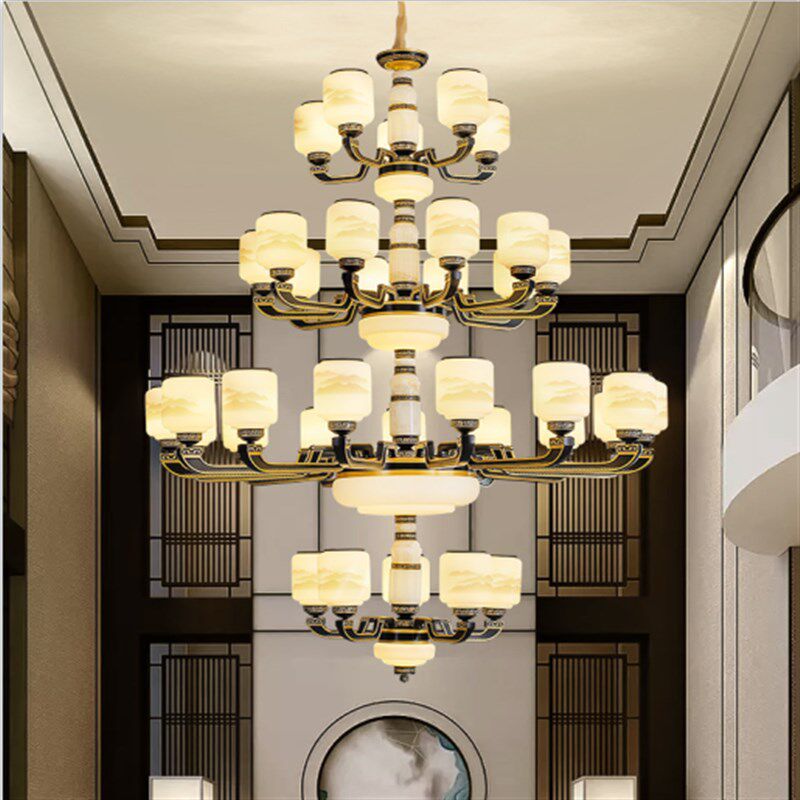 2021新款防尘防蚊虫密封灯罩锌合金客厅新中式复古禅意复式楼吊灯