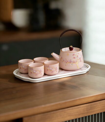 玉兰花提梁壶四杯b088