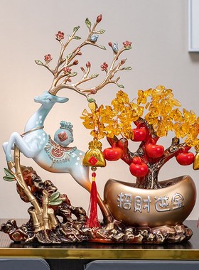 新中式发财鹿摆件客厅玄关办公室前台摇钱树装饰新居乔迁开业礼品