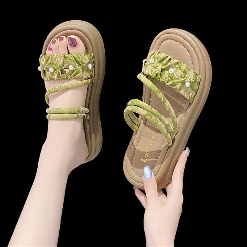 法式绝美凉拖鞋女外穿2025新款夏配裙子两穿厚底增高时装绿色凉鞋,女鞋,一字拖,淘宝优惠券,粉丝福利购,淘宝优惠卷