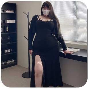 180的陈橙橙【男友视角2.0】大码女装气质鱼尾开叉连衣裙搭小外套