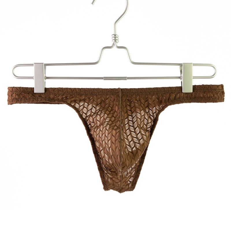 男士丁字内裤蕾丝窄边性感微透明后空漏臀大囊袋T型透气镂空裤衩