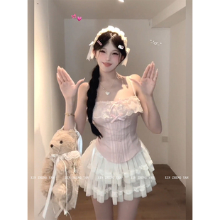 XZY/欣争艳 微胖mm甜美法式温柔蕾丝吊带上衣女夏季公主半裙套装