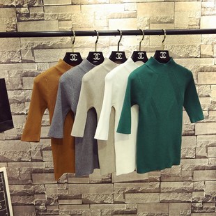 针织衫 韩国螺纹半高领中袖 女装 套头五分袖 上衣 春装 紧身打底衫 新款