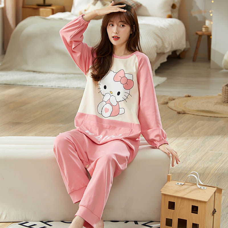 连体睡衣女春秋款纯棉长袖可爱卡通宽松防走光两穿睡裙长款到脚踝