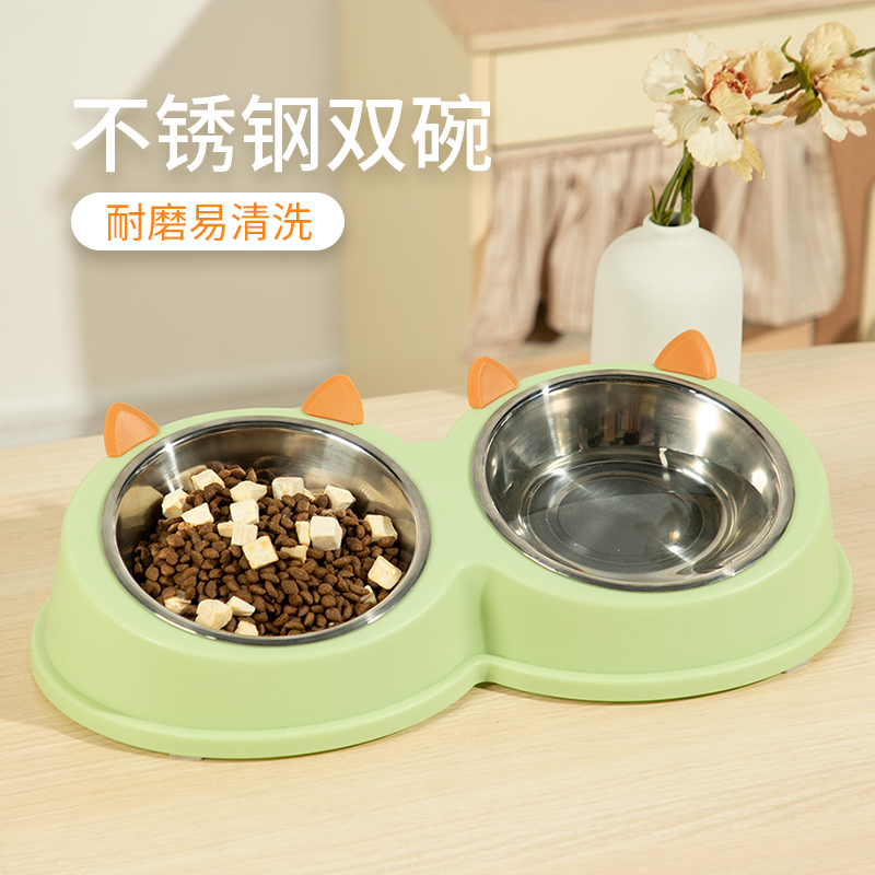 怡亲宠物碗不锈钢猫碗猫食盆喝水喂食一体防打翻斜口护颈狗狗食盆