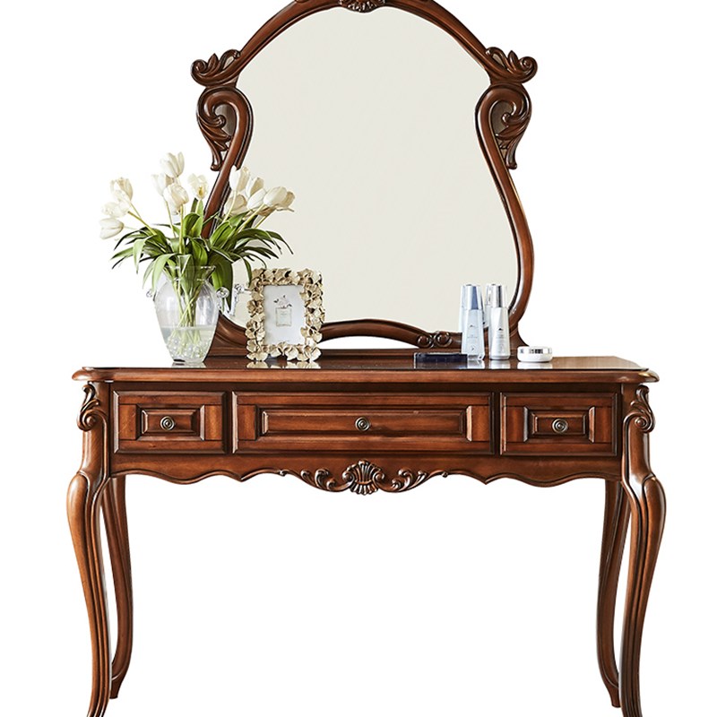 美式化妆桌子全实木卧室梳妆台妆镜组合欧式小户型梳妆台深色原木