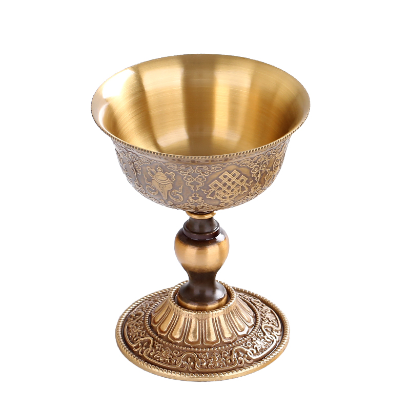 纯铜浮雕八吉祥酥油灯座家用供奉仿古中式烛台高脚长明灯小号摆件