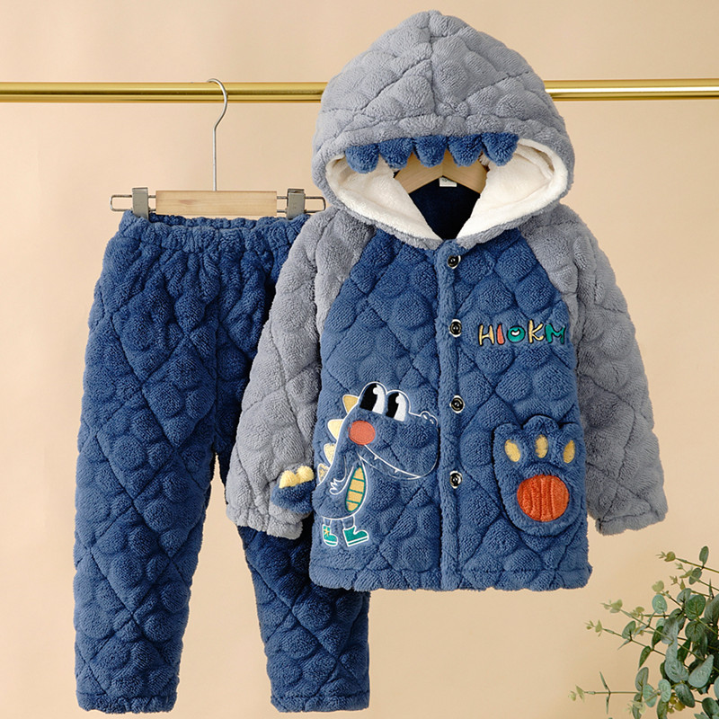 男童冬季加厚睡衣法兰绒三层夹棉小孩中大童珊瑚绒儿童家居服套装