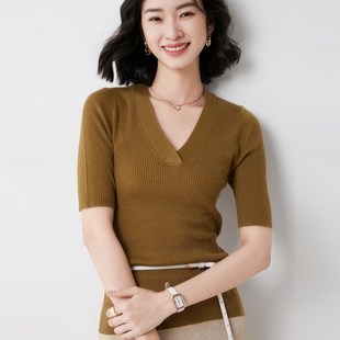 针织衫 显瘦半袖 春夏气质V领短袖 女修身 轻薄上衣 T恤韩版 打底五分袖