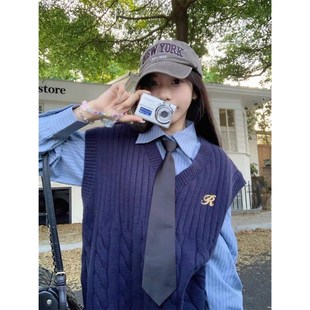 条纹衬衫 早秋季 长袖 女针织马甲背心 裙两件套裙子 学院风叠穿套装