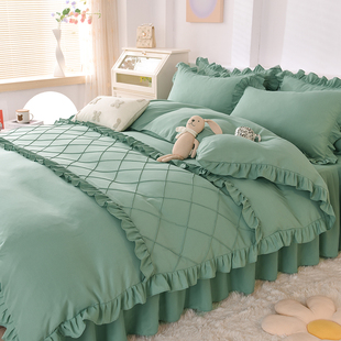 绿色森女系床上四件套纯棉全棉被套水洗棉小清新床裙款 网红公主风