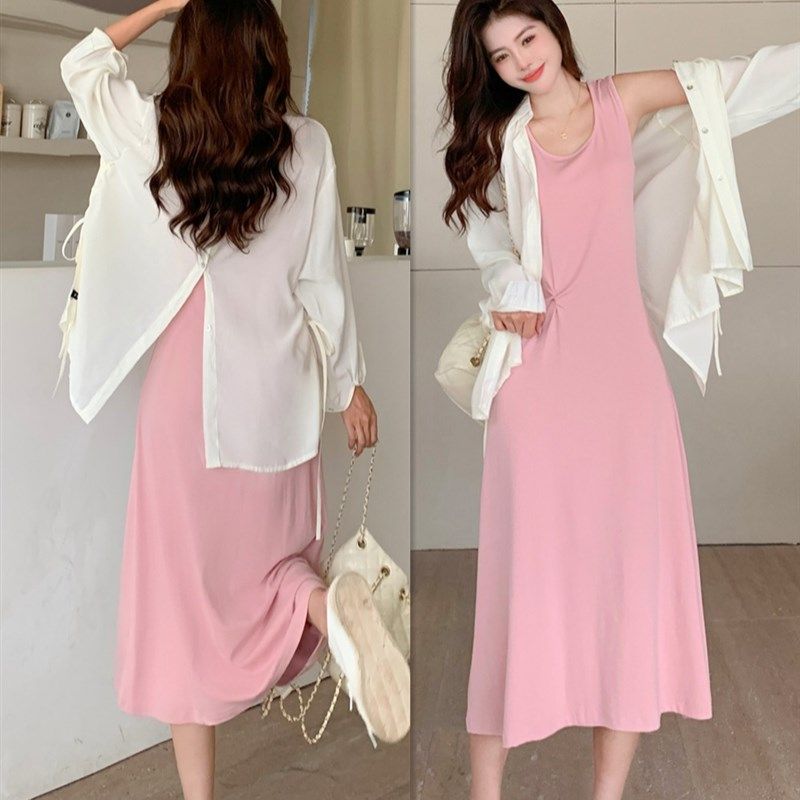 大码女装黑色背心连衣裙女胖MM气质显瘦遮肚裙子衬衣外套两件套