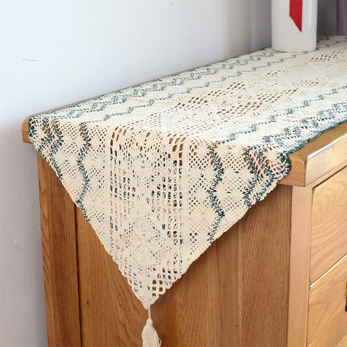 美式田园棉线镂空餐桌布桌旗装饰布艺仿钩针茶几垫电视柜五斗橱