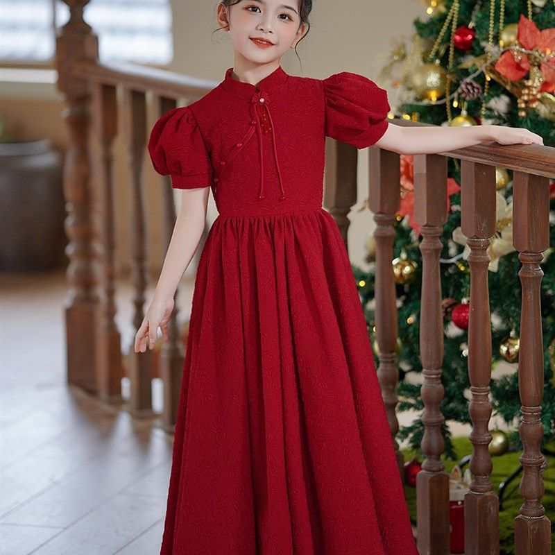 小女孩红色生日公主裙圣诞节儿童中式高端晚礼服元旦主持人表演