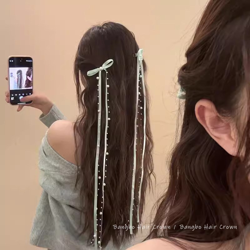 发丝轻扬~法式复古丝带珠珠长流苏蝴蝶发夹女芭蕾风甜美女盘发器