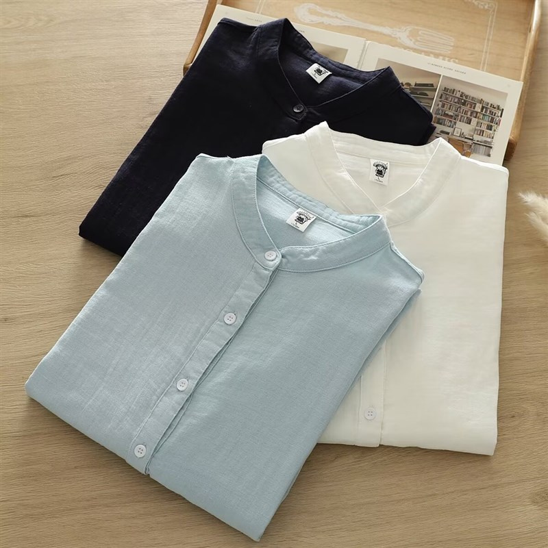 春秋装纯棉棉纱小立领白色衬衫女长袖无领休闲小清新文艺衬衣女