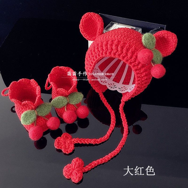 可爱甜美萌樱桃宝宝帽子新生儿满月百天婴儿手工毛线鞋帽套装成品,童装/婴儿装/亲子装,多件套 帽子、围巾、手套等组合,淘宝优惠券,粉丝福利购,淘宝优惠卷