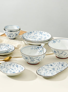 美浓烧日式釉下彩新中式陶瓷碗碟套装家用饭碗高级感餐具轻奢盘碗