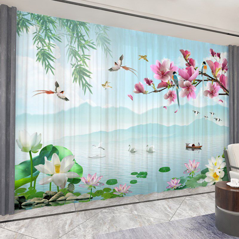 水墨山水画纱帘透光不透人风景荷花禅意布帘客厅办公室新中式窗帘