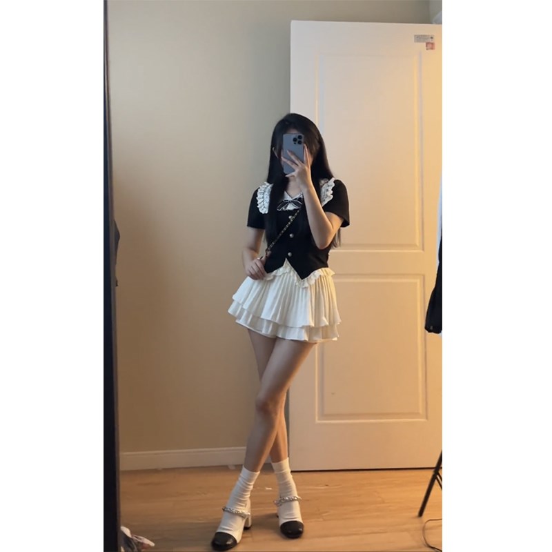 大码胖mm千金公主套装夏季娃娃领蕾丝拼接短款上衣+百褶裙两件套