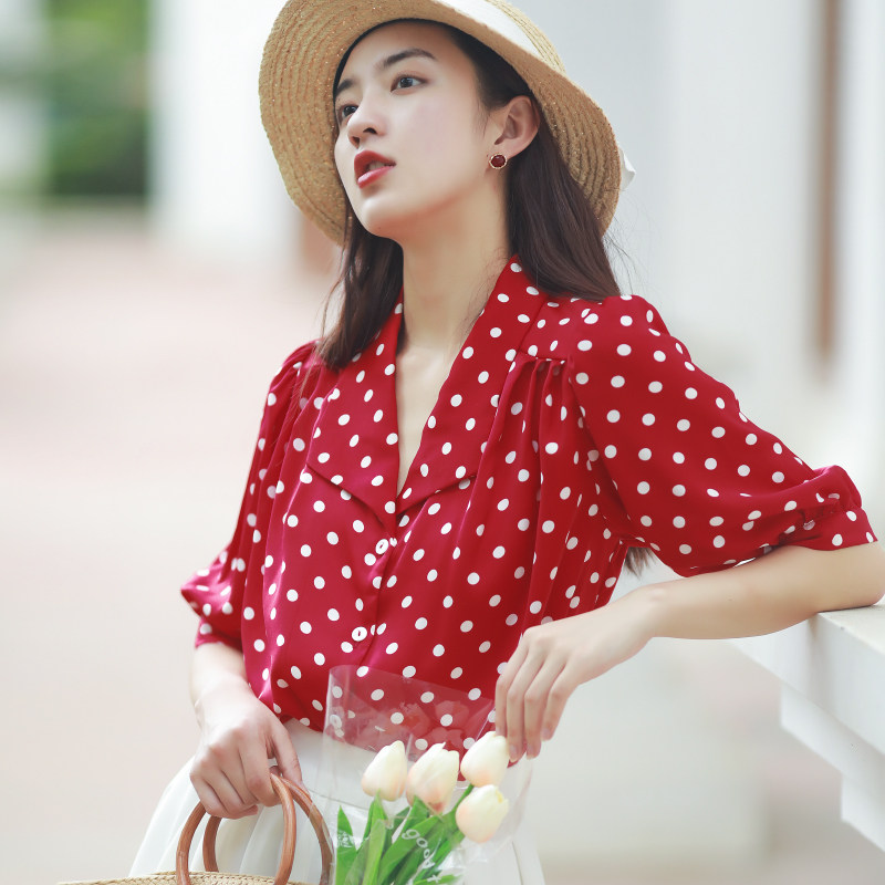 复古港风红色波点短袖上衣雪纺衬衫宽松大码白色半身裙套装裙女夏,女装/女士精品,时尚套装,淘宝优惠券,粉丝福利购,淘宝优惠卷