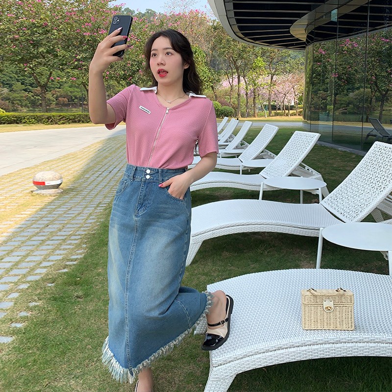 大码牛仔裙女胖mm复古流苏高腰显瘦遮肚半身裙显瘦穿搭微胖女生