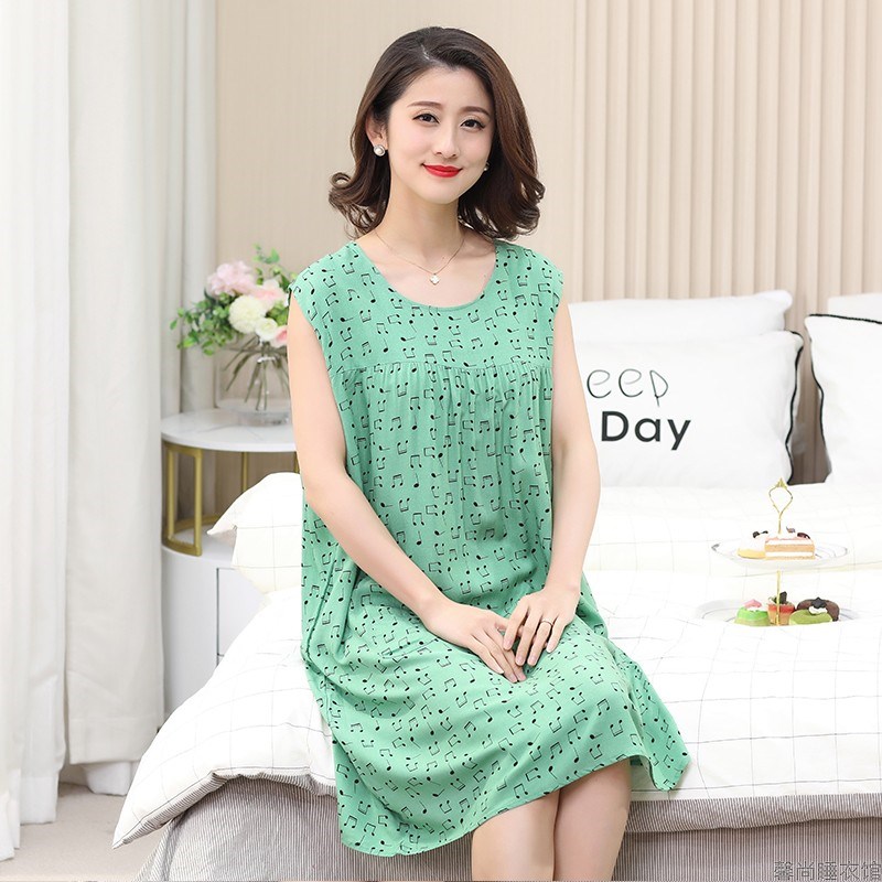 中老年妈妈睡裙女夏季无袖薄款女装纯棉绸可外穿家居服宽松连衣裙