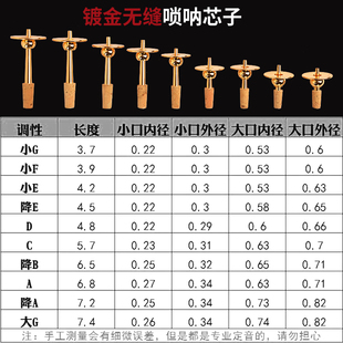唢呐芯子纯铜软木天芯D调无缝钦子黄铜调节气盘配件降b调寸管笛管