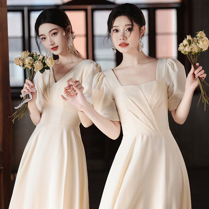 香槟色缎面伴娘服2024新款夏季姐妹团简单大方晚礼服裙女平时可穿