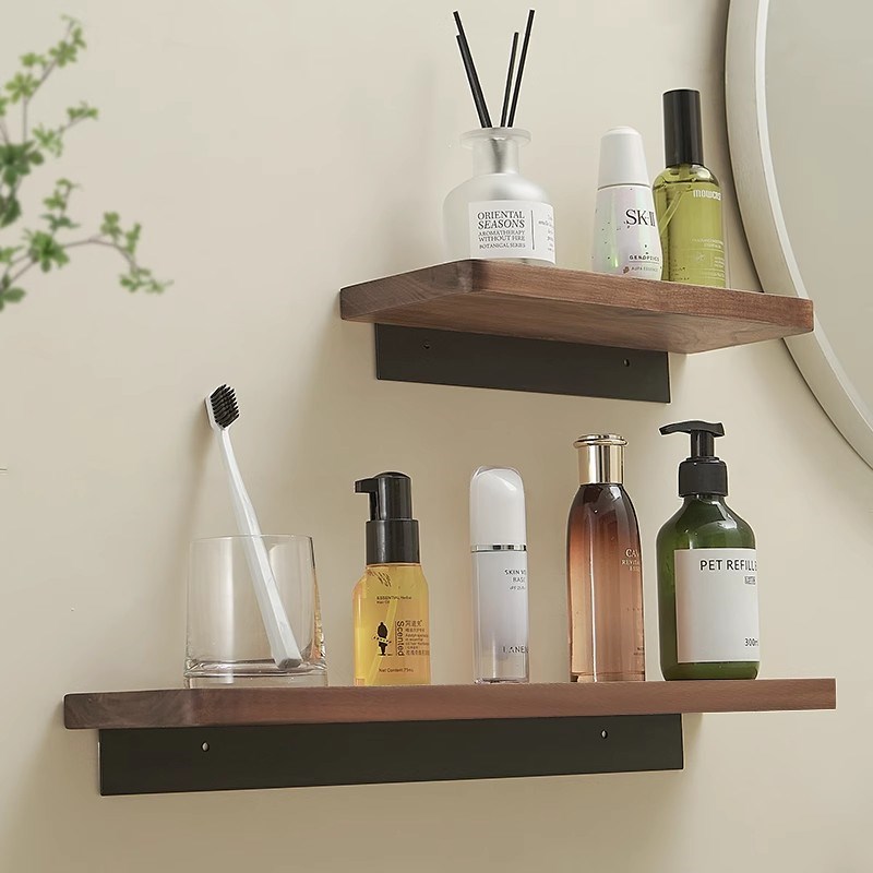 中古风实木卫生间一字板置物架浴室D墙上壁挂收纳洗手间隔板免打