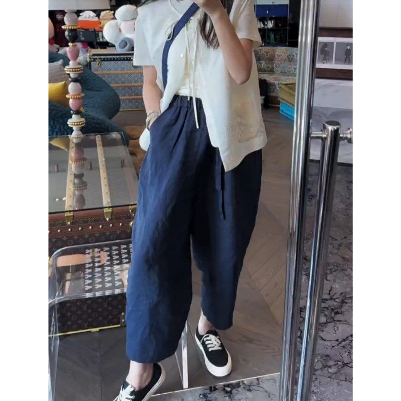 藏蓝色哈伦九分休闲裤子女秋季大码直筒裤高腰宽松显瘦直筒麻裤,女装/女士精品,大码裤装,淘宝优惠券,粉丝福利购,淘宝优惠卷