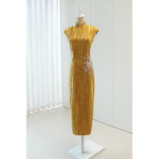 2025新款复古新中式金黄色丝绒新娘结婚晨袍敬酒旗袍晚礼服