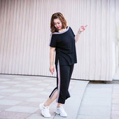 新款 女装 两件套冰丝针织撞色条纹闪亮阔腿裤 2021夏装 子休闲套装 潮