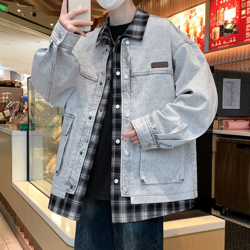 假两件牛仔衣外套男春秋季帅气初高中G学生夹克青少年潮流复古褂