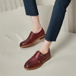 歌迈英伦风复古女鞋真皮鞋平底头层牛皮羊皮手工舒适双扣孟克鞋女
