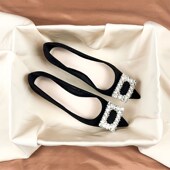 法式 浅口软底工作职业单 新款 气质水钻黑色尖头平底鞋 女w2024夏季