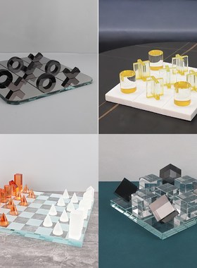 北欧简约水晶棋盘棋m子摆件样板间展厅家居客厅茶几桌面工艺品装